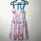 Playful Alice In Wonderland Print Pink Blue Flowy Halter Top Apron Dress Zip SM