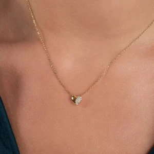 0.05 Ct Lab Created Diamond Heart Necklace Valentine Gift 14k Yellow Gold Finish - Picture 1 of 6