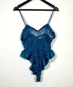 Body de peluche de encaje verde azulado etiqueta dorada Victoria’s Secret de colección talla pequeña Glam Rock años 90 - Imagen 1 de 5