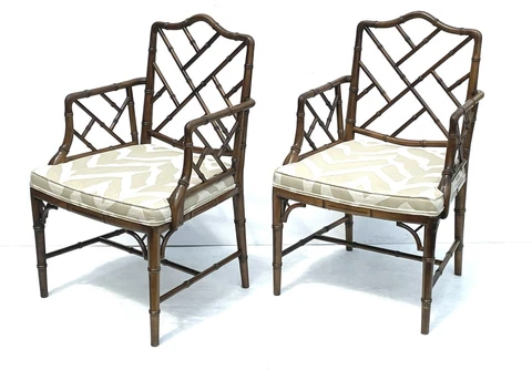 Fine Pair Vintage Chippendale Faux Bamboo Chairs Cover