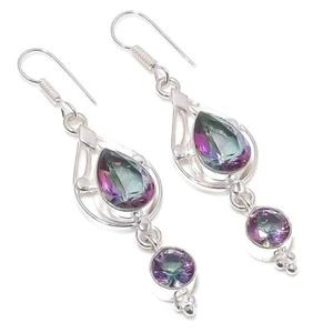 Multi Tourmaline Gemstone Handmade 925 Starling Silver Jewelry Earring Sz 1.60" - Picture 1 of 1