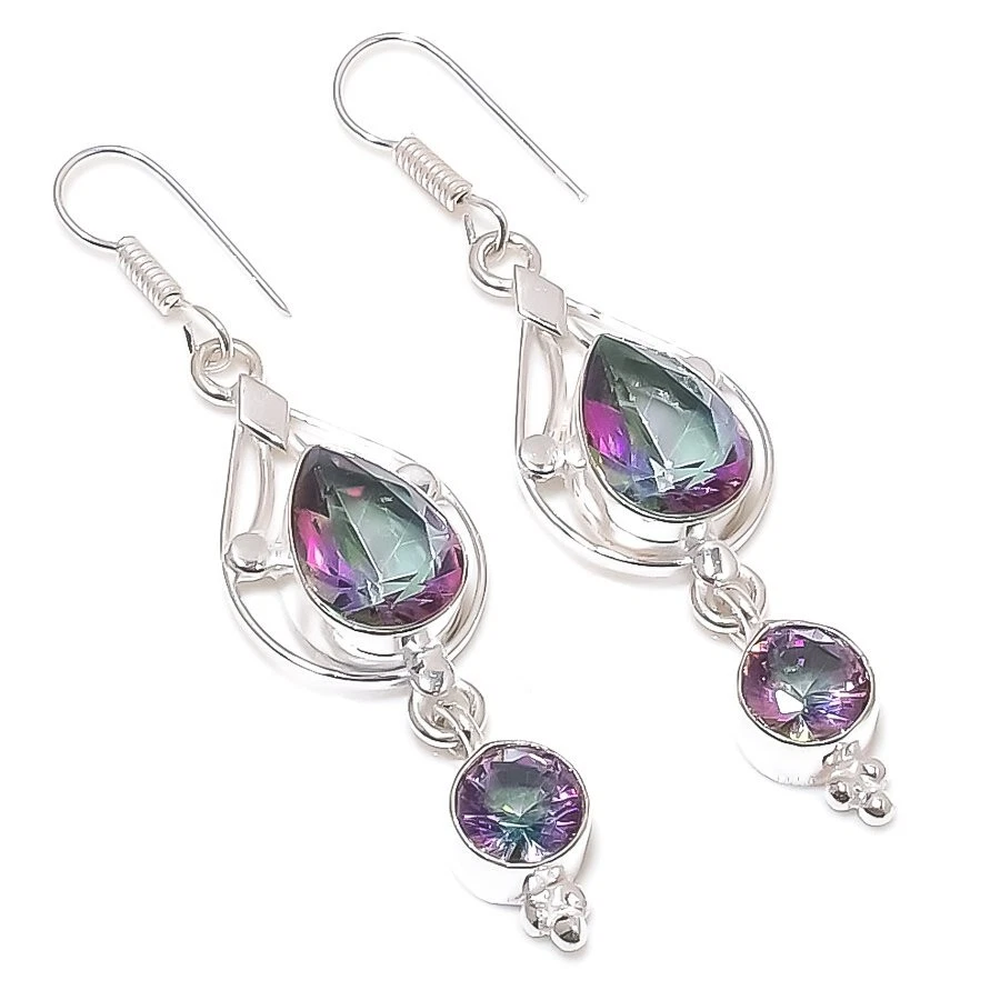 Multi Tourmaline Gemstone Handmade 925 Starling Silver Jewelry Earring Sz 1.60" - Image 1 of 1
