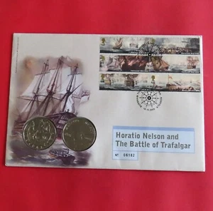 2005 ROYAL MINT NELSON AND TRAFALGAR 2 X £5 B/UNC CROWN'S - coin cover - Picture 1 of 3