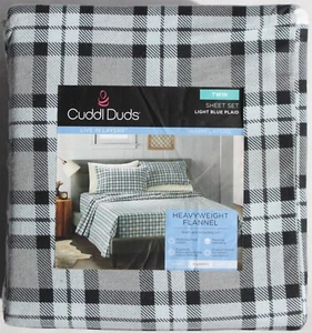 Cuddl Duds Twin Size Sheet Set Heavyweight 100% Brushed Cotton Light Blue Plaid - Picture 1 of 2