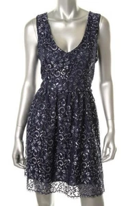 AQUA ~ Navy Blue Silver Metallic Lace V-Neck Fit & Flare Party Dress L NEW $128. - Picture 1 of 3