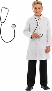 Kids Doctor Uniform Costume Boys Girls White Lab Coat + Stethoscope Halloween - Picture 1 of 5