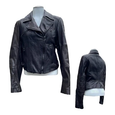 Chaqueta de moto acolchada de cuero recortada vintage años 90 ANN TAYLOR para mujer M muestra rara Foto 1 de 4