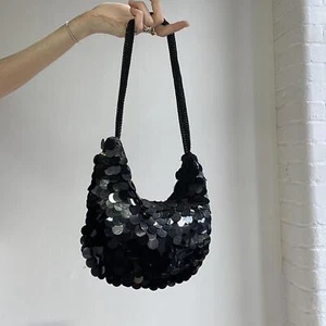 Vintage Y2k Sequin Crochet Black Shoulder Bag Ibiza Summer Sparkly - Picture 1 of 6