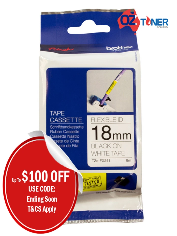 Genuine Brother TZe-FX241 FLEXIBLE Label Tape 18mm x 8M Black-On-White PT-D460BT - image 1 of 1