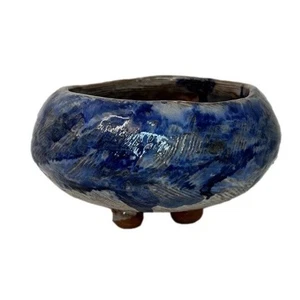 Red Clay  Footed Pottery Round Bowl Glazed Blue Brown  4” X 2.75” Vintage - Foto 1 di 9