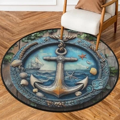 Alfombra redonda de madera con anclaje náutico para sala de estar dormitorio 5,2 pies lavable  Foto 1 de 4