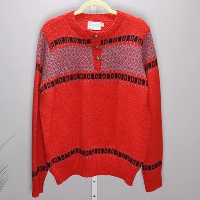 Vintage Pendleton Wool Sweater Red Fair Isle Henley Made in USA L - Image 1 of 3