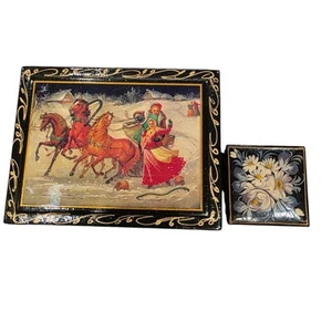 Set of 2 Laquered Vintage Wood Hinged Jewelry Trinket Boxes 4" x 3" & 1.5" x 1.5 - Picture 1 of 8