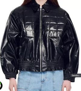 SANDRO Arnold Black Leather Puffer Cropped Bomber Quilted Jacket - Bild 1 von 12