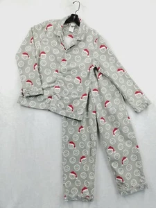 Pottery Barn Pajama Set Teen S Gray Smiley Face Santa Flannel 2 Piece Christmas - Picture 1 of 11