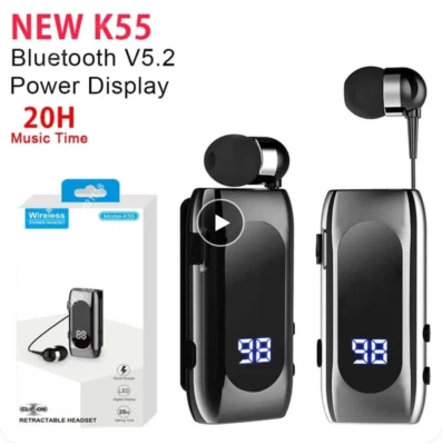 AURICOLARE CUFFIA BLUETOOTH RETRATTILE WIRELESS CLIP VIBRAZIONE iOS ANDROID K55 - Immagine 1 di 4