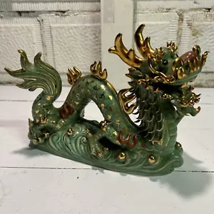 Dragon Ceramic Figurine Brightly Colored Green Gold Statue Figure. Rare China - Picture 1 of 11