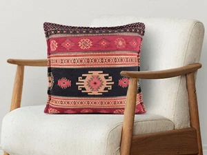 Tapestry Ethnic Kilim Pattern Red Black 16x16 Decorative Pillow Cover Case Sham - Picture 1 of 8