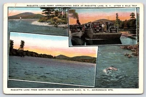 Cartolina vintage racchetta traghetto lago in avvicinamento molo a racchetta lago New York - Foto 1 di 2