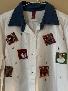 Christmas Holiday cotton patchwork button down shirt. White. NWT. Women’s Large - Picture 1 of 6