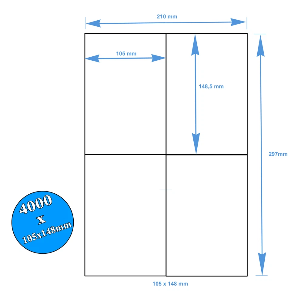 4000 Etichette Bianche Adesive 105x148 su foglio A4 per Stampanti Laser Inkjet - Immagine 1 di 1