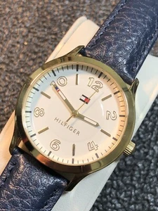 TOMMY HILFIGER Watch Gold Tone Blue Leather Band Unisex New Battery - Picture 1 of 18