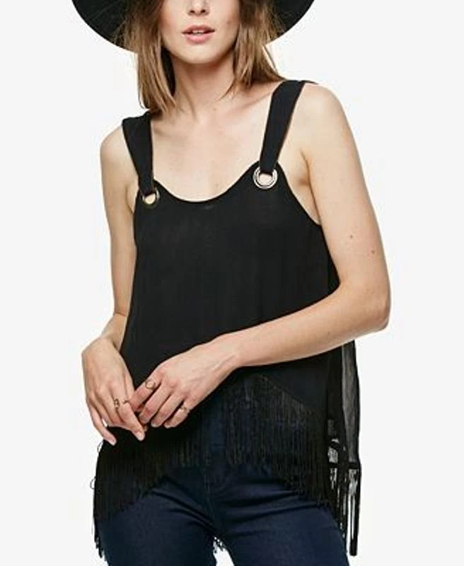 People Womens 1164 Black Fringed Sheer Sleeveless Casual Top XS B B
