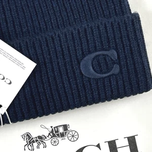 NEW COACH OS Unisex Beanie Hat Navy Embroidered SIG C Wool Cashmere Knit - Picture 1 of 4