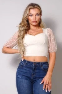 Polka Dot Mesh Puff Sleeve Contrast Fashion Top - Picture 1 of 7