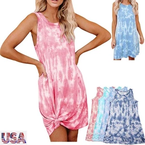 Women Summer Tie Dye Tank Sleeveless Dress Casual Loose Flowy Swing Shift Dress - Picture 1 of 17