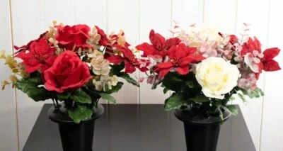 PERMABLOOM 2 x Artificial Christmas Grave Pots with Roses, Poinsettia and Eucalyptus Flower