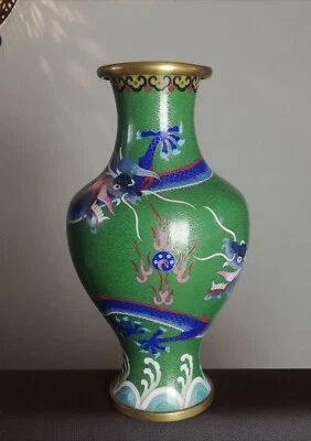 Vase ancien en émail cloisonné Chinois Motif dragons - Photo 1/4