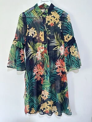 Zara Tropical Print Chiffon Midi Cover Up Tunic Black Multi Size Small - Image 1 of 4