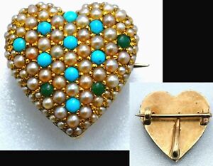Victorian 14k Gold Turquoise Seed Pearl Heart Pin Watch Pendant 4.5Gram No Scrap
