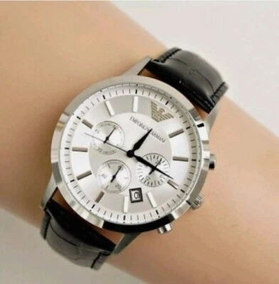 NEW EMPORIO ARMANI MENS WATCH LEATHER BLACK STRAP AND SILVER DIAL AR2432 GENUINE - Image 1 of 4