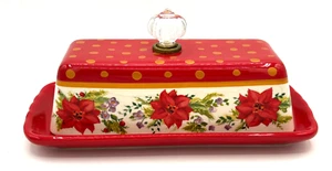 Pioneer Woman Holiday Cheer Red Gold Poinsettias Stoneware Covered Butter Dish - Picture 1 of 20