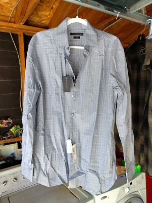 John Varvatos 正装衬衫男式 16.5 34/35 修身海军蓝格子纽扣  — 第 1/4 张图片