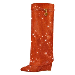 Onlymaker Women's Rhinestone Pointed Toe Wedge Heel Fold Over Knee High Boots - Picture 1 of 45