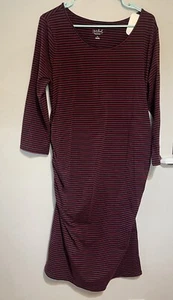 Isabel Maternity Dress size XL 3/4 Sleeve Tee Shirt Burgundy Stripe Gathered - Picture 1 of 8