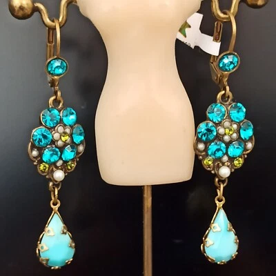 Michal Negrin Earrings Turquoise Blue With Swarovski Crystals Flower Gift Long - Image 1 of 4