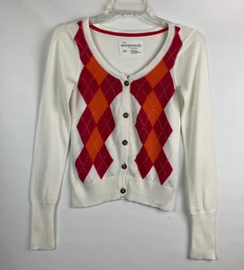 Aeropastale Strickjacke weiß Argyle Print orange rot vorne Knöpfe Gr. S/P - Bild 1 von 7