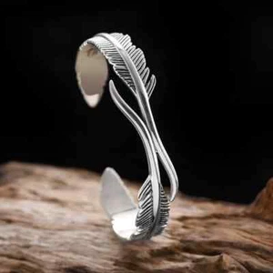 Retro Silver-Plated Feather Cuff Bangle Vintage Bracelet Leaf Women Gift - Picture 1 of 24