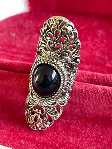 Anillo Disfraz Dedo Completo Ónix Negro Tono Plata Talla M Declaración Lily Schwarzer - Imagen 1 de 9
