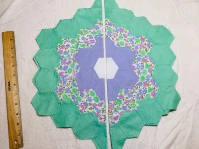 Antique Cotton Fabric 1930s Grandma's Garden 2 Quilt Blocks Hand Pc'd 16.5" - Image 1 of 3