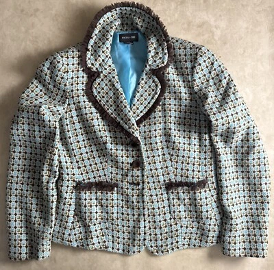 Blazer para mujer Focus 2000 talla 10 azul marrón con flecos geométricos forrado aspecto vintage Foto 1 de 4