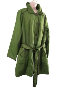 Dennis Basso Green A Line Trench Coat Brown Trim Zip Lining Ladies 2X NWT - Picture 1 of 24