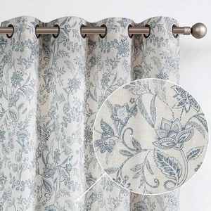 Floral Linen Blend Curtains for Living Room Blue French Country Farmhouse Cur... - Picture 1 of 9