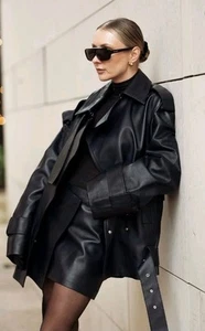 H&M Studio Collection Oversized Leather Jacket Midnight Blue Size Small BNWT - Picture 1 of 7