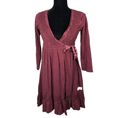 Odd Molly Purple Long Sleeve Crochet Lace Butterfly Eyelet Mini Wrap Dress 0 - Image 1 of 4