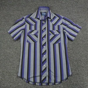 Wrangler Hemd Herren Small blau grau schwarz Western Perlen Druckknopf gestreift Rodeo - Bild 1 von 7